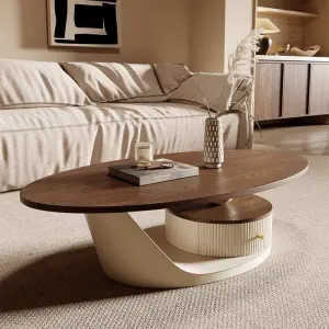 Wholesale Oval Overhang Coffee Table Cream Twisted Arc Base Fluted Drum Drawer Gold Handle Custom Hotel Living Room