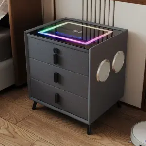 Luxury Cream Style Bedside Cabinet with Integrated Fast Charging Station and Touch LED Atmosphere Lighting for Home Hotel