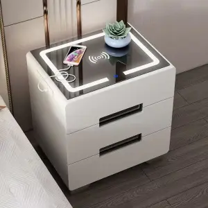 Modern Smart Nightstand with Wireless Charging & 3-Color LED Light 3 Drawer Bedside Table for Bedroom Furniture