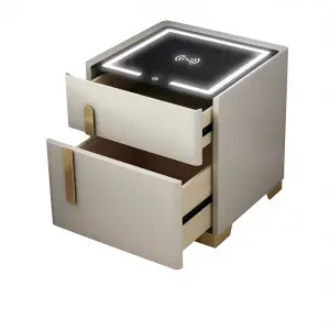 Smart Bedside Table Light Luxury Simple Modern Safe Durable Wooden Countertop Wireless Charging Home Bedroom Small 2 Drawers