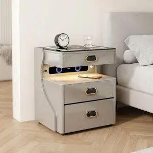 Modern Luxury Wood Nightstand with Wireless Charging and Glass Top for Bedroom Furniture