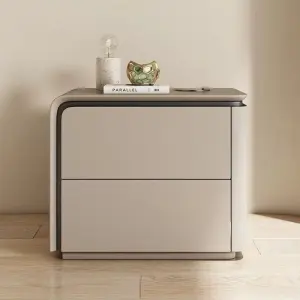 Cream Colored Modern Solid Wood Bedside Table with Storage Cabinet Durable Apartment Bedroom Furniture