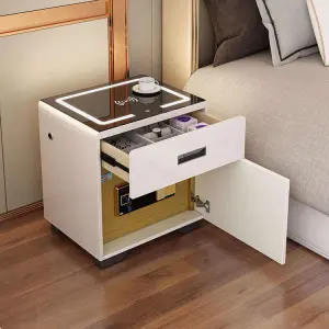 Luxury Smart Nightstand Built-in Password Safe 3-Color Dimmable LED Glass Top USB Wireless Charging for Master Bedroom
