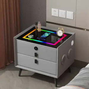 Luxury Smart Nightstand with Wireless Charging Bluetooth Speaker 7-Color LED Light Fingerprint Lock Bedside Table