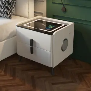 Multifunctional Modern Nightstand Smart Bedside Table Wireless Charging Bluetooth Speaker Solid Wood Leather Home Office