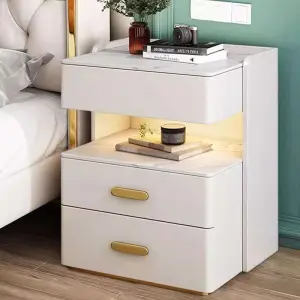 Italian Style Grey Bedside Cabinet with Gold Metal Handles & Legs Minimalist End Table for Luxury Home Hotel