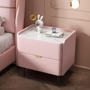 Pink Leather Bedside Table with Sintered Stone Top Modern High-End Minimalist Design 2 Drawers Bedroom Furniture