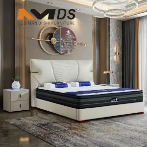 Modern Minimalist Villa Bedroom Super-Large Queen-Sized Backrest Layer Genuine Leather Soft Bed Eco-Friendly Foldable 3-Year