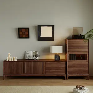 North American Black Walnut Vintage & Medieval Style Solid Wood Living Room TV Stand with Storage Cabinet Home Furniture