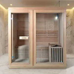 SMARTMAK Indoor Sauna Two Person Solid Wood Hemlock Red Cedar Sauna Steam Sauna